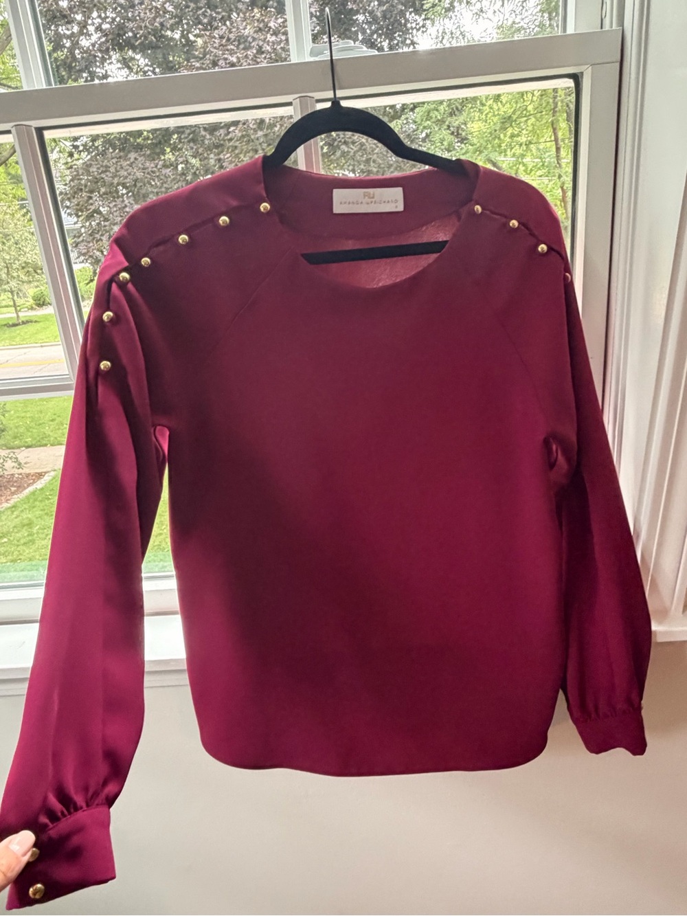 Amanda Uprichard Burgundy Blouse with Gold Studs